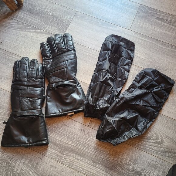 Black Leather Gauntlet Gloves Biker's Club 3XL Thinsulate 40g & Rain Cover - Picture 1 of 10